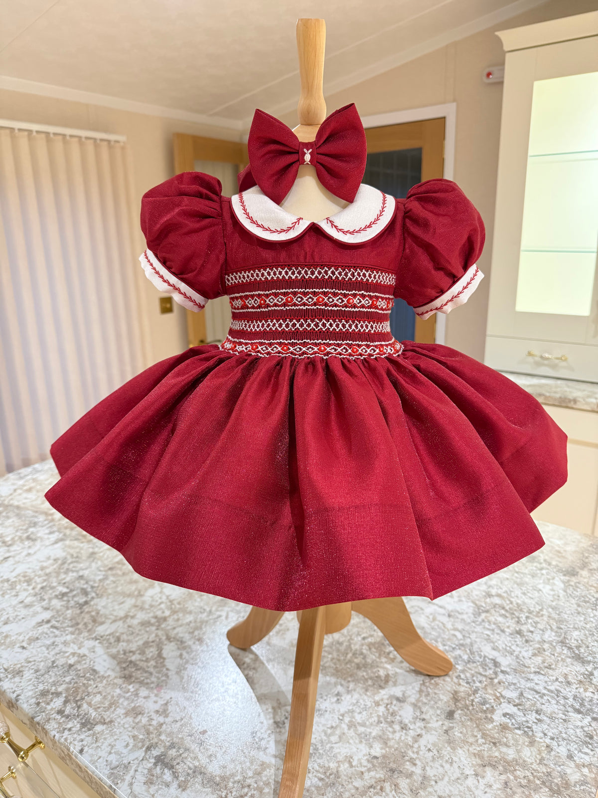 Girls’ Deep Red Shimmer Smocked Dress ❤️✨
