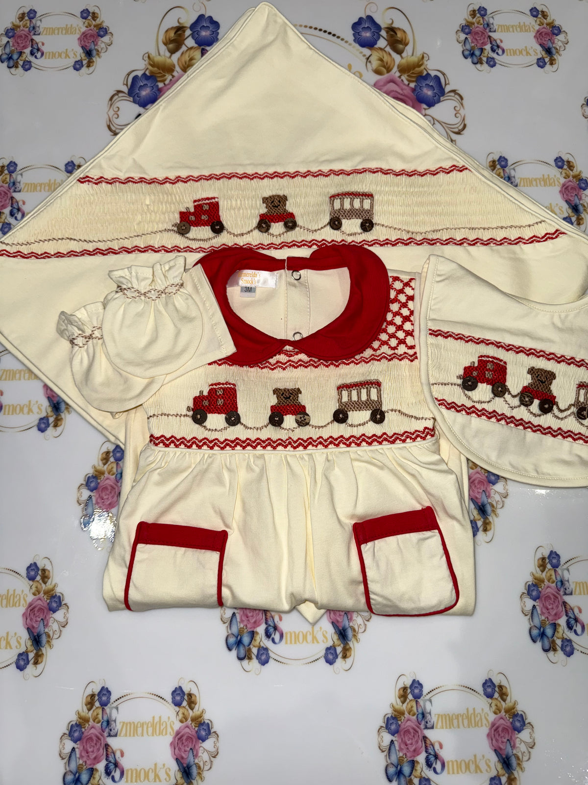 Train & Teddy Bear Hand-Smocked Baby Grow Set 🧸🚂
