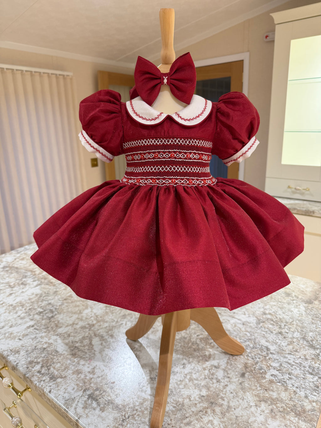 Girls’ Deep Red Shimmer Smocked Dress ❤️✨