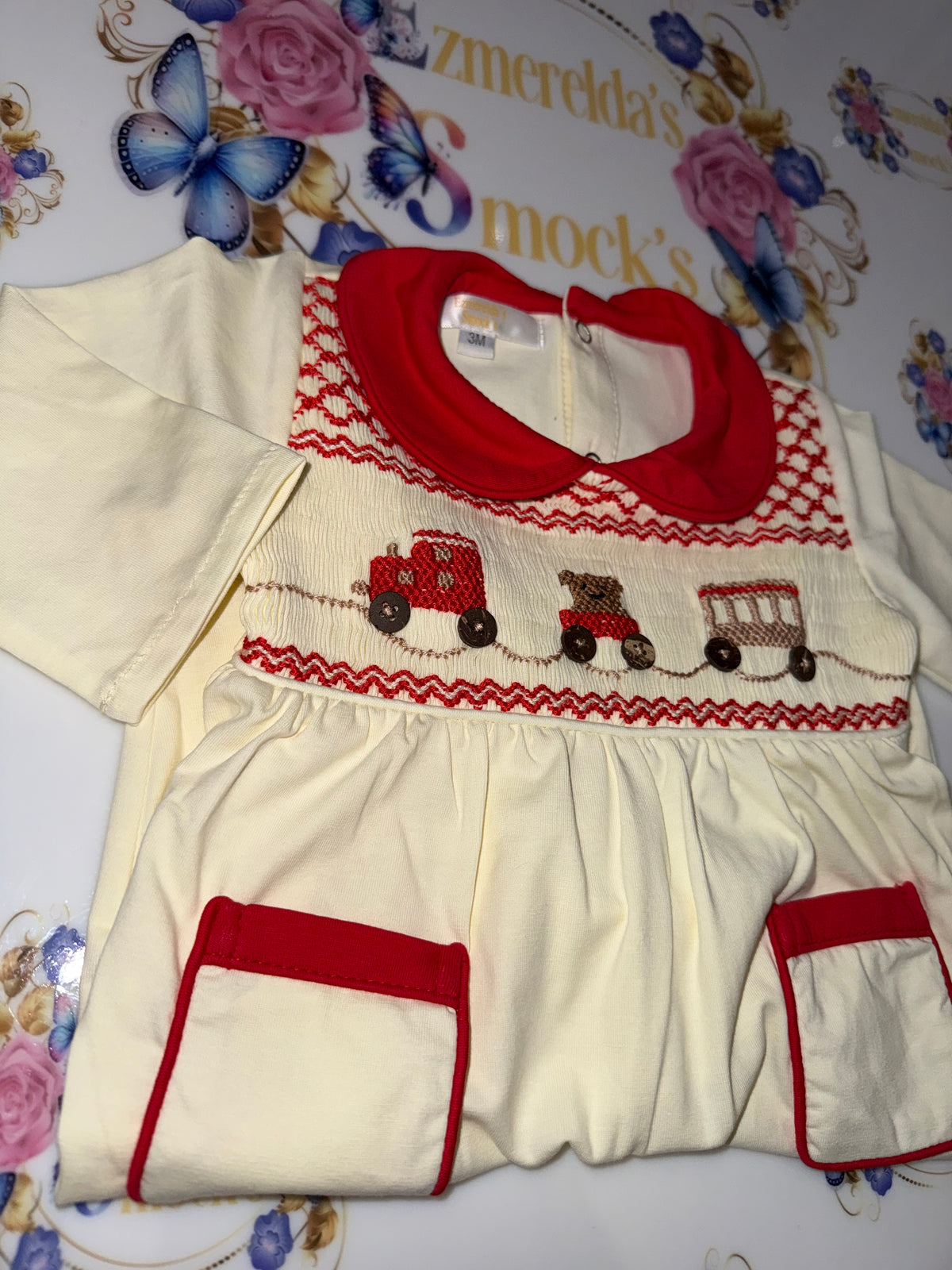 Train & Teddy Bear Hand-Smocked Baby Grow  🧸🚂