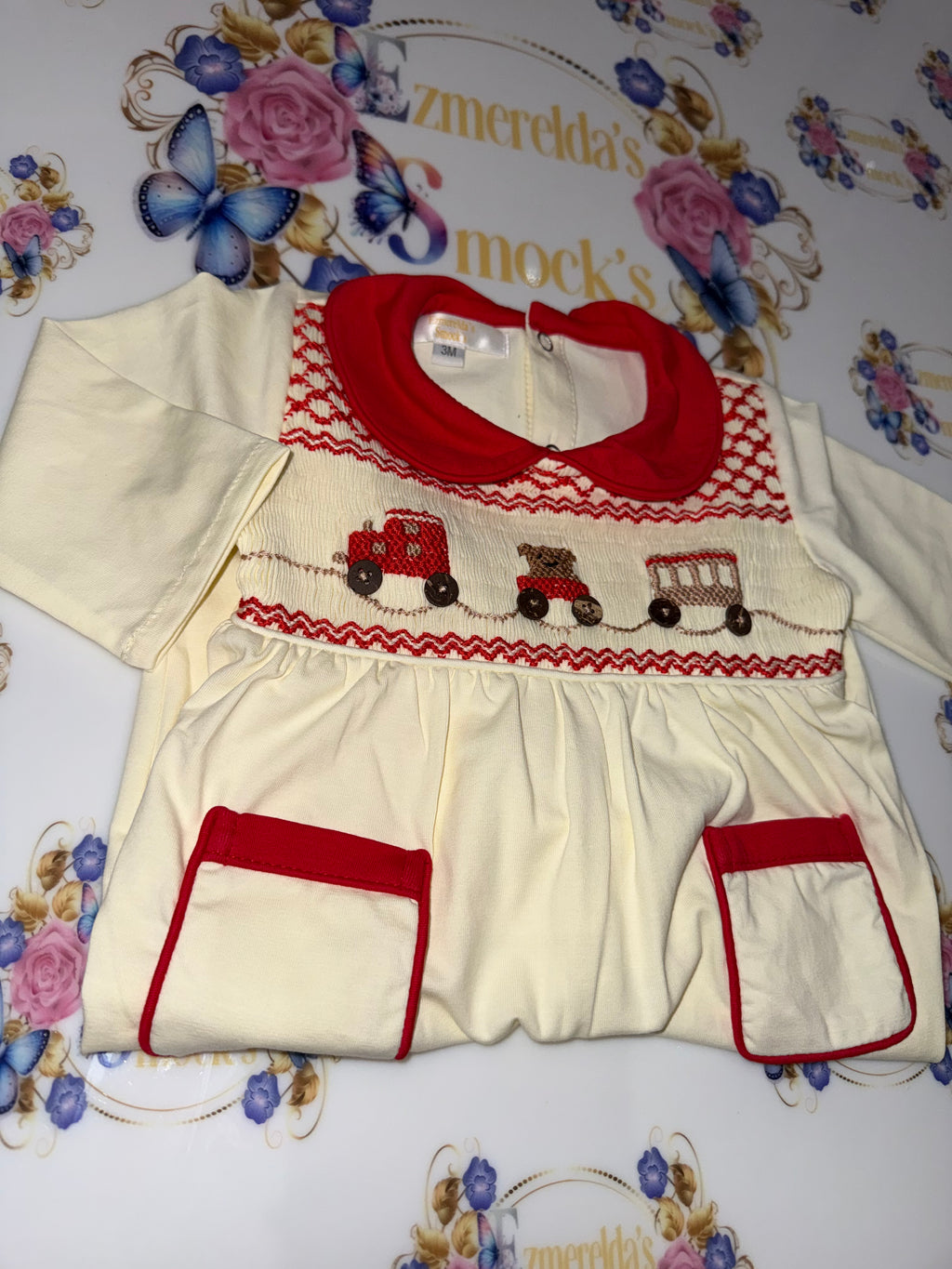 Train & Teddy Bear Hand-Smocked Baby Grow  🧸🚂