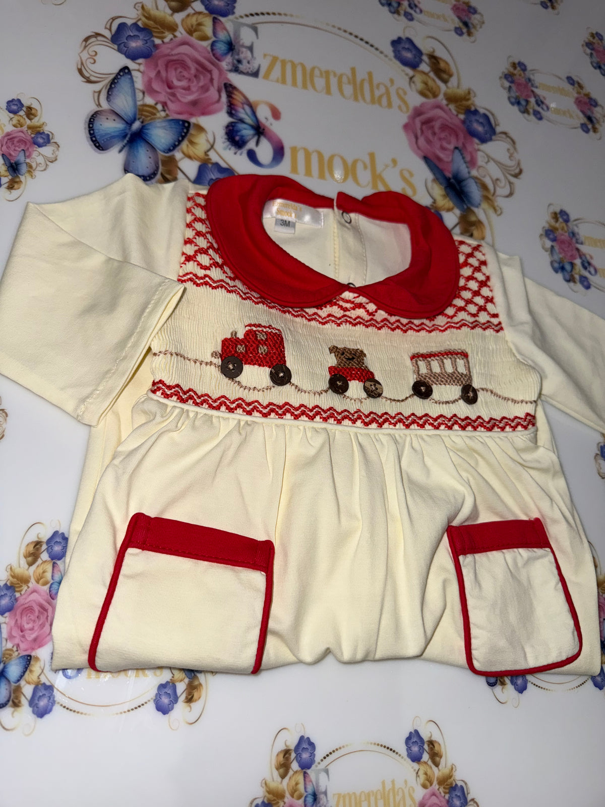 Train & Teddy Bear Hand-Smocked Baby Grow  🧸🚂