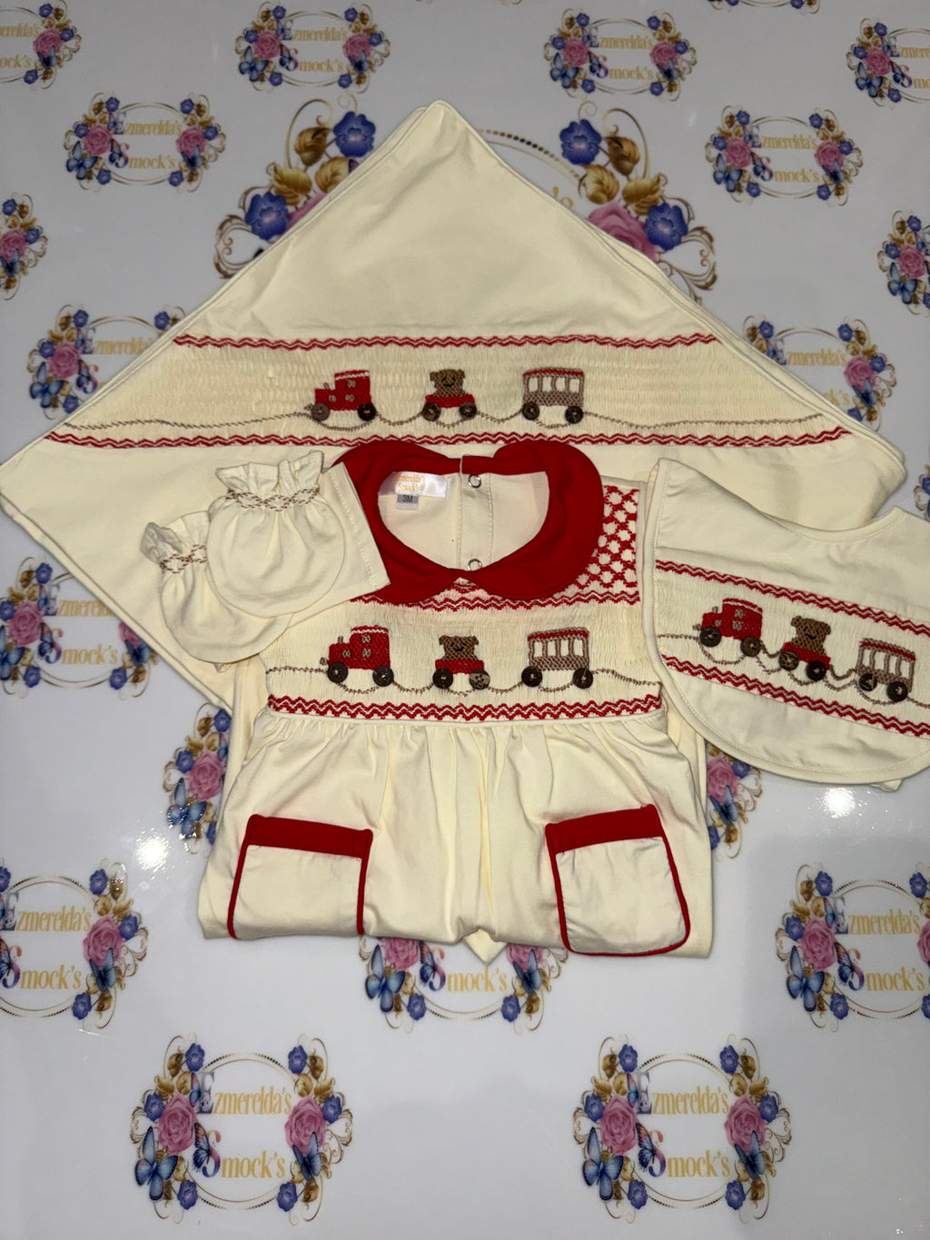 Train & Teddy Bear Hand-Smocked Baby Grow Set 🧸🚂