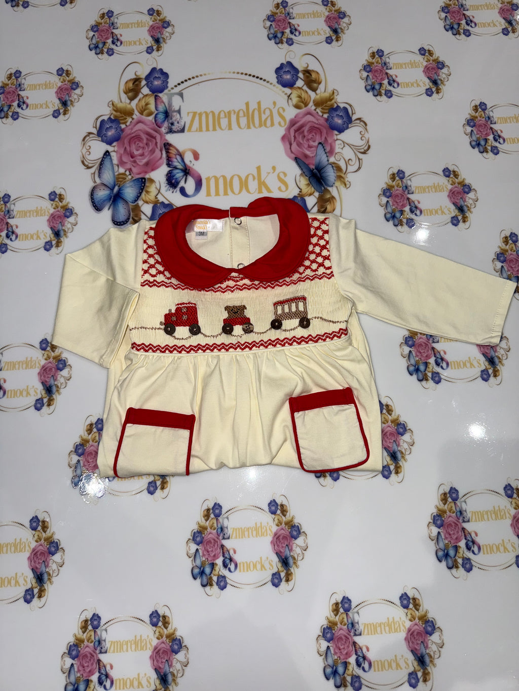 Train & Teddy Bear Hand-Smocked Baby Grow  🧸🚂