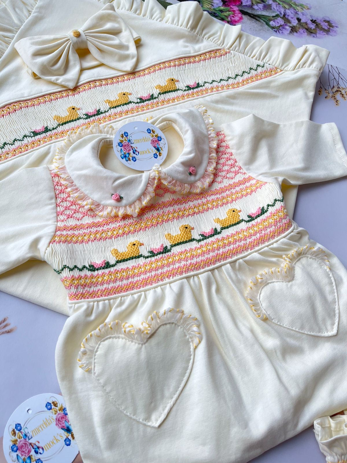 🐥 Luxury Hand-Smocked Duckling Pima Cotton baby grow