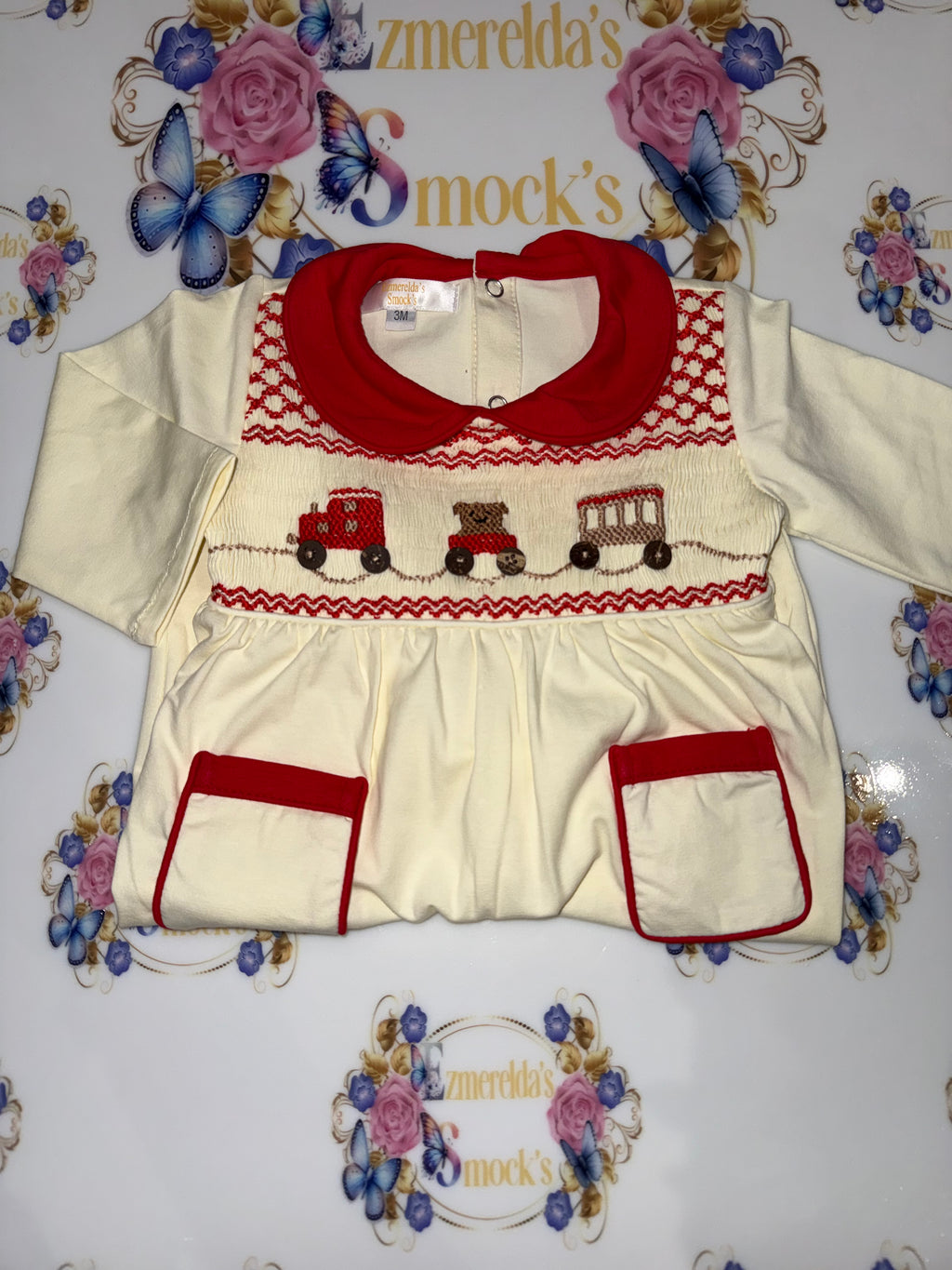 Train & Teddy Bear Hand-Smocked Baby Grow  🧸🚂