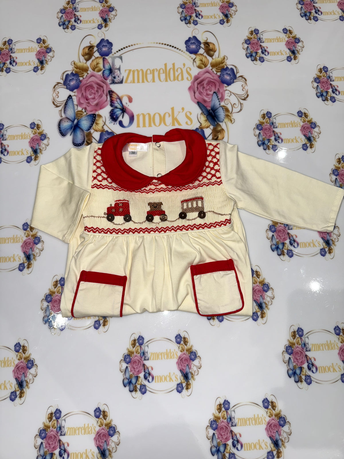 Train & Teddy Bear Hand-Smocked Baby Grow  🧸🚂