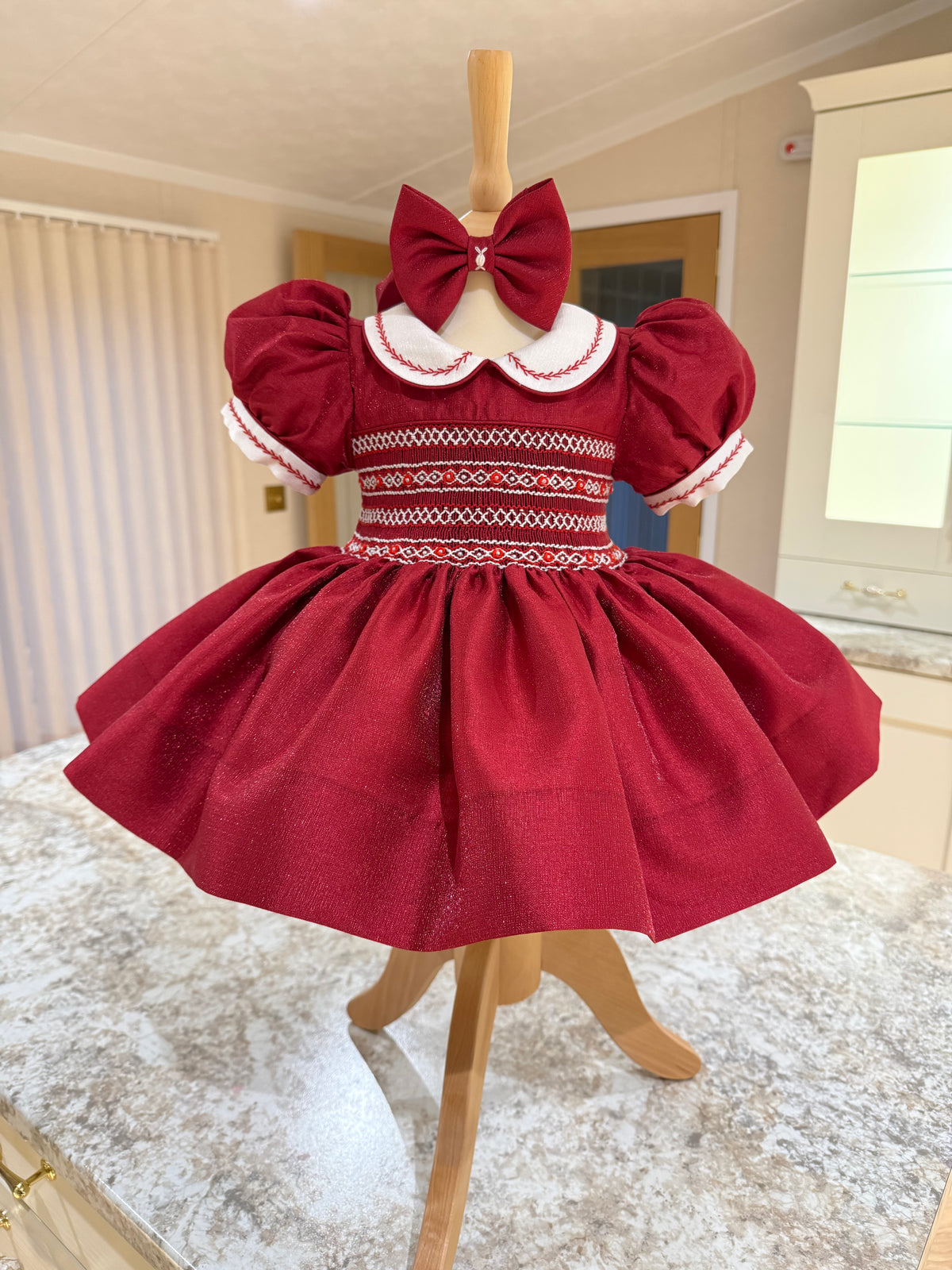 Girls’ Deep Red Shimmer Smocked Dress ❤️✨